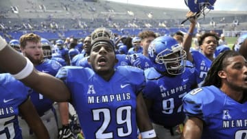 Sep 17, 2016; Memphis, TN, USA; Memphis Tigers linebacker Darian Porter (29) celebrates after the game against the Kansas Jayhawks at Liberty Bowl Memorial Stadium. Memphis Tigers defeated Kansas Jayhawks 43-7. Mandatory Credit: Justin Ford-USA TODAY Sports