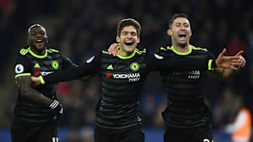 LEICESTER, ENGLAND - JANUARY 14: Marcos Alonso (2nd R) of Chelsea celebrates with teammates after scoring his team's second goal during the Premier League match between Leicester City and Chelsea at The King Power Stadium on January 14, 2017 in Leicester, England. (Photo by Laurence Griffiths/Getty Images)