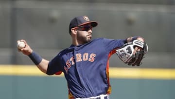 Mar 6, 2016; Kissimmee, FL, USA; Houston Astros first baseman Marwin Gonzalez (9) throws to first base during the second inning of a spring training baseball game against the Toronto Blue Jays at Osceola County Stadium. Mandatory Credit: Reinhold Matay-USA TODAY Sports