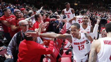 COLUMBUS, OH - NOVEMBER 13: Ohio State Buckeyes players celebrate with fans after the game against the Villanova Wildcats at Value City Arena on November 13, 2019 in Columbus, Ohio. Ohio State defeated Villanova 76-51. (Photo by Joe Robbins/Getty Images)