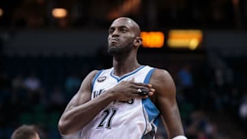 Dec 18, 2015; Minneapolis, MN, USA; Minnesota Timberwolves forward Kevin Garnett (21) before the game against the Sacramento Kings at Target Center. Mandatory Credit: Brad Rempel-USA TODAY Sports