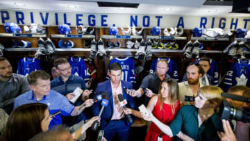TORONTO, ON - JULY 1 -John Tavares speaks to the media in the Leafs dressing room.The Toronto Maple Leafs have signed John Tavares for seven years, $77 million. July 1, 2018. (Carlos Osorio/Toronto Star via Getty Images)