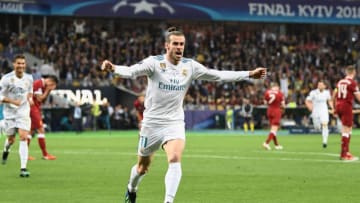 KIEV, UKRAINE - MAY 26: Gareth Bale of Real Madrid celebrates after scoring his sides second goal during the UEFA Champions League Final between Real Madrid and Liverpool at NSC Olimpiyskiy Stadium on May 26, 2018 in Kiev, Ukraine. (Photo by Michael Regan/Getty Images)