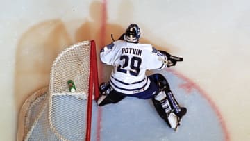 TORONTO, ON - SEPTEMBER 27: Felix Potvin #29 of the Toronto Maple Leafs skates against the Chicago Black Hawks during NHL preseason game action on September 27, 1994 at Maple Leaf Gardens in Toronto, Ontario, Canada. Toronto defeated Chicago 2-1. (Photo by Graig Abel/Getty Images)