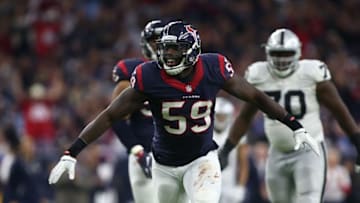 Jan 7, 2017; Houston, TX, USA; Houston Texans outside linebacker Whitney Mercilus (59) celebrates after sacking Oakland Raiders quarterback Connor Cook (8) during the third quarter of the AFC Wild Card playoff football game at NRG Stadium. Mandatory Credit: Troy Taormina-USA TODAY Sports