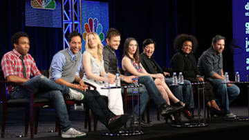 PASADENA, CA - JANUARY 13: Actors Donald Glover, Danny Pudi, Gillian Jacobs, Joel McHale, Alison Brie, Ken Jeong, Yvette Nicole Brown and Executive Producer/ Creator Dan Harmon speak during the "Community" panel during the NBC Universal portion of the 2011 Winter TCA press tour held at the Langham Hotel on January 13, 2011 in Pasadena, California. (Photo by Frederick M. Brown/Getty Images)