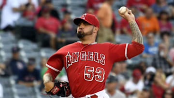 Jul 30, 2016; Anaheim, CA, USA; Los Angeles Angels starting pitcher Hector Santiago (53) throws a pitch against the Boston Red Sox in the first inning during the baseball game at Angel Stadium of Anaheim. Mandatory Credit: Richard Mackson-USA TODAY Sports