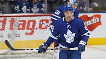 Cody Ceci #83 of the Toronto Maple Leafs warms up prior to action.(Photo by Claus Andersen/Getty Images)