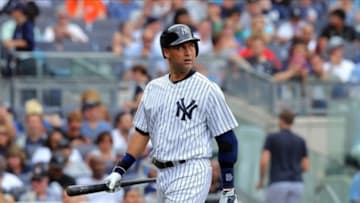 Sep 1, 2013; Bronx, NY, USA; New York Yankees designated hitter Derek Jeter (2) reacts after striking out against the Baltimore Orioles during the third inning of a game at Yankee Stadium. Mandatory Credit: Brad Penner-USA TODAY Sports