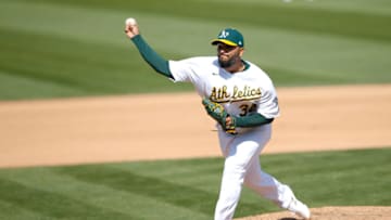 OAKLAND, CA - SEPTEMBER 29: Yusmeiro Petit #36 of the Oakland Athletics pitches during Game One of the Wild Card Round against the Chicago White Sox at RingCentral Coliseum on September 29, 2020 in Oakland, California. The White Sox defeated the Athletics 4-1. (Photo by Michael Zagaris/Oakland Athletics/Getty Images)