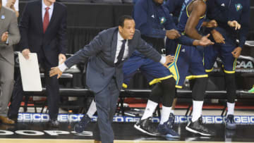 BALTIMORE, MD - MARCH 07: Head coach Kevin Keatts of the North Carolina-Wilmington Seahawks reacts to a call during the Colonial Athletic Conference Championship college basketball game against the Hofstra Pride at Royal Farms Arena on March 7, 2016 in Baltimore, Maryland. The Seahawks won 80-73. (Photo by Mitchell Layton/Getty Images)