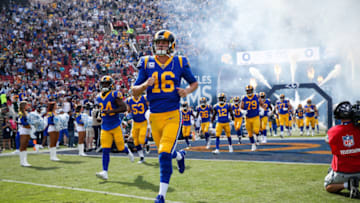 LOS ANGELES, CA - OCTOBER 28: Quarterback Jared Goff #16 of the Los Angeles Rams leads the team entering the field to play the Green Bay Packers at Los Angeles Memorial Coliseum on October 28, 2018 in Los Angeles, California. (Photo by Joe Robbins/Getty Images)