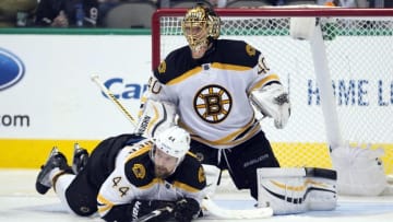 Feb 20, 2016; Dallas, TX, USA; Boston Bruins defenseman Dennis Seidenberg (44) and goalie Tuukka Rask (40) faces the Dallas Stars attack during the third period at the American Airlines Center. The Bruins defeat the Stars 7-3. Mandatory Credit: Jerome Miron-USA TODAY Sports