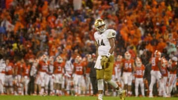 CLEMSON, SC - OCTOBER 03: DeShone Kizer #14 of the Notre Dame Fighting Irish walks to the sidelines against the Clemson Tigers during their game at Clemson Memorial Stadium on October 3, 2015 in Clemson, South Carolina. (Photo by Streeter Lecka/Getty Images)
