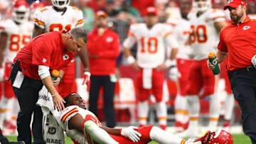 Dec 7, 2014; Glendale, AZ, USA; Kansas City Chiefs running back Jamaal Charles (25) reacts on the ground after suffering an injury in the first quarter against the Arizona Cardinals at University of Phoenix Stadium. Mandatory Credit: Mark J. Rebilas-USA TODAY Sports