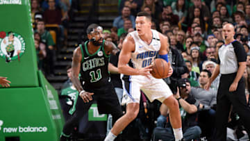 BOSTON, MA - NOVEMBER 24: Aaron Gordon #00 of the Orlando Magic handles the ball during the game against Kyrie Irving #11 of the Boston Celtics on November 24, 2017 at the TD Garden in Boston, Massachusetts. NOTE TO USER: User expressly acknowledges and agrees that, by downloading and or using this photograph, User is consenting to the terms and conditions of the Getty Images License Agreement. Mandatory Copyright Notice: Copyright 2017 NBAE (Photo by Brian Babineau/NBAE via Getty Images)