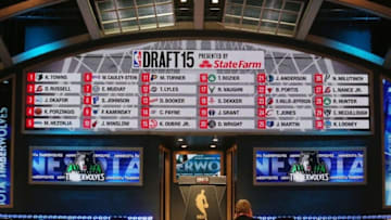 Jun 25, 2015; Brooklyn, NY, USA; General view of the full first round draft board at the conclusion of the first round of the 2015 NBA Draft at Barclays Center. Mandatory Credit: Brad Penner-USA TODAY Sports