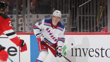 NEWARK, NEW JERSEY - SEPTEMBER 17: Lias Andersson #50 of the New York Rangers skates against the New Jersey Devils during a preseason game at the Prudential Center on September 17, 2018 in Newark, New Jersey. The Rangers defeated the Devils 4-3 in overtime. (Photo by Bruce Bennett/Getty Images)