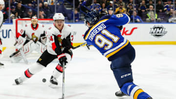 ST. LOUIS, MO - JANUARY 23: St. Louis Blues' Vladimir Tarasenko, right, takes a shot that is blocked by Ottawa Senators' Mark Borowiecki during the third period of an NHL hockey game. The St. Louis Blues defeated the Ottawa Senators 3-0 on January 23, 2017, at Scottrade Center in St. Louis, MO. (Photo by Tim Spyers/Icon Sportswire via Getty Images)