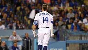 LOS ANGELES, CA - MAY 12: Enrique Hernandez #14 of the Los Angeles Dodgers throws his helmet to the ground after he struck out looking to end the seventh inning during the MLB game against the Cincinnati Reds at Dodger Stadium on May 12, 2018 in Los Angeles, California. The Reds defeated the Dodgers 5-3. (Photo by Victor Decolongon/Getty Images)