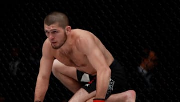NEW YORK, NY - NOVEMBER 12: Khabib Nurmagomedov of Russia reacts against Michael Johnson of the United States in their lightweight bout during the UFC 205 event at Madison Square Garden on November 12, 2016 in New York City. (Photo by Michael Reaves/Getty Images )