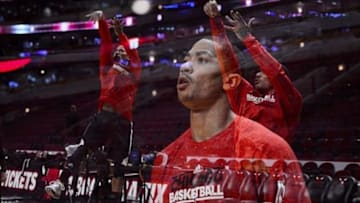 Mar 21, 2013; Chicago, IL, USA; (Multiple Exposure) Chicago Bulls point guard Derrick Rose (1) before the game against the Portland Trail Blazers at the United Center. Mandatory Credit: Mike DiNovo-USA TODAY Sports