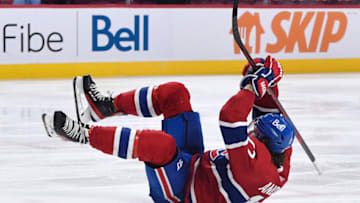 Jul 5, 2021; Montreal, Quebec, CAN; Montreal Canadiens right wing Josh Anderson (17) celebrates after scoring against Tampa Bay Lightning goaltender Andrei Vasilevskiy (not pictured) during the overtime period in game four of the 2021 Stanley Cup Final at the Bell Centre. Mandatory Credit: Eric Bolte-USA TODAY Sports