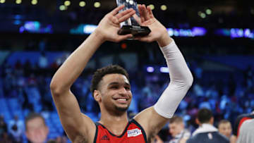 NEW ORLEANS, LA - FEBRUARY 17: Jamal Murray #27 of the Denver Nuggets celebrates with the 2017 BBVA Compass Rising Stars Challenge MVP trophy after the World Team defeated the US Team 150-141 in the 2017 BBVA Compass Rising Stars Challenge at Smoothie King Center on February 17, 2017 in New Orleans, Louisiana. (Photo by Ronald Martinez/Getty Images)