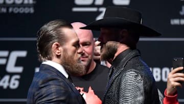 LAS VEGAS, NEVADA - JANUARY 15: (L-R) Conor McGregor of Ireland and Donald Cerrone face off during the UFC 246 press conference at Pearl Theater at the Palms Casino Resort on January 15, 2020 in Las Vegas, Nevada. (Photo by Jeff Bottari/Zuffa LLC via Getty Images)