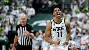 Michigan State's A.J. Hoggard celebrates after a play against Purdue during the second half on Saturday, Feb. 26, 2022, at the Breslin Center in East Lansing.220226 Msu Purdue 229a