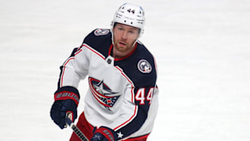 Feb 12, 2022; Montreal, Quebec, CAN; Columbus Blue Jackets defenseman Vladislav Gavrikov (44) during the warm-up session before the game against Montreal Canadiens at Bell Centre. Mandatory Credit: Jean-Yves Ahern-USA TODAY Sports