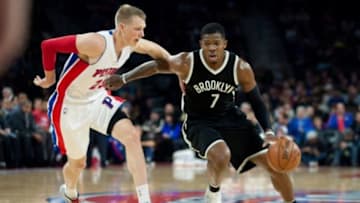 Nov 1, 2014; Auburn Hills, MI, USA; Brooklyn Nets guard Joe Johnson (7) drives to the basket against Detroit Pistons forward Kyle Singler (25) during the first quarter at The Palace of Auburn Hills. Mandatory Credit: Tim Fuller-USA TODAY Sports