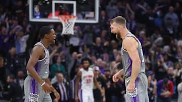 De'Aaron Fox #5 and Domantas Sabonis #10 of the Sacramento Kings. (Photo by Lachlan Cunningham/Getty Images)