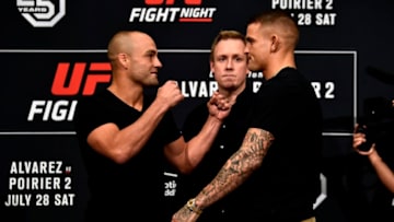 CALGARY, AB - JULY 26: (L-R) Opponents Eddie Alvarez and Dustin Poirier face off during the UFC Fight Night Ultimate Media Day event at Hyatt Regency Calgary on July 26, 2018 in Calgary, Alberta, Canada. (Photo by Jeff Bottari/Zuffa LLC/Zuffa LLC via Getty Images)