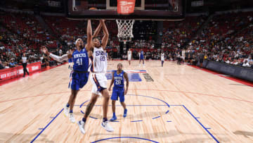 LAS VEGAS, NV - JULY 7: James Palmer Jr., #60 of the Phoenix Suns dunks against the New York Knicks during Day 3 of the 2019 Las Vegas Summer League on July 7, 2019 at the Thomas & Mack Center in Las Vegas, Nevada. NOTE TO USER: User expressly acknowledges and agrees that, by downloading and/or using this Photograph, user is consenting to the terms and conditions of the Getty Images License Agreement. Mandatory Copyright Notice: Copyright 2019 NBAE (Photo by Garrett Ellwood/NBAE via Getty Images)