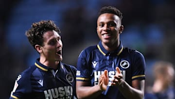 COVENTRY, ENGLAND - DECEMBER 29: Zak Lovelace (R) and Dan McNamara of Millwall celebrate their team's victory at full-time after the Sky Bet Championship match between Coventry City and Millwall at The Coventry Building Society Arena on December 29, 2021 in Coventry, England. (Photo by Alex Burstow/Getty Images)