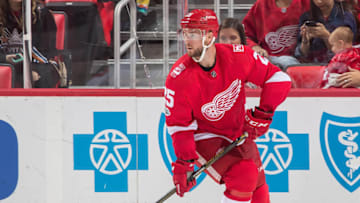 DETROIT, MI - OCTOBER 20: Mike Green #25 of the Detroit Red Wings controls the puck against the Washington Capitals during an NHL game at Little Caesars Arena on October 20, 2017 in Detroit, Michigan. The Capitals defeated the Red Wings 4-3 in overtime. (Photo by Dave Reginek/NHLI via Getty Images)