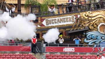 TAMPA, FLORIDA - OCTOBER 04: The pirate ship at Raymond James Stadium fires its canons after a touchdown during the first quarter of a game between the Tampa Bay Buccaneers and the Los Angeles Chargers at Raymond James Stadium on October 04, 2020 in Tampa, Florida. (Photo by James Gilbert/Getty Images)