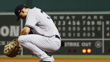 BOSTON, MA - AUGUST 06: Aaron Hicks #31 of the New York Yankees looks on in the tenth inning of a game against the Boston Red Sox at Fenway Park on August 6, 2018 in Boston, Massachusetts. (Photo by Adam Glanzman/Getty Images)