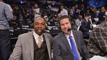 BROOKLYN, NY - MAY 12: Greg Anthony and Brian Anderson prepare for NBATV telecast before Game 4 of the Eastern Conference Semifinals between the Miami Heat and the Brooklyn Nets at Barclays Center on May 12, 2014 in Brooklyn, New York. NOTE TO USER: User expressly acknowledges and agrees that, by downloading and or using this photograph, User is consenting to the terms and conditions of the Getty Images License Agreement. Mandatory Copyright Notice: Copyright 2014 NBAE (Photo by David Dow/NBAE via Getty Images)