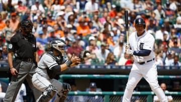 Jun 5, 2016; Detroit, MI, USA; Chicago White Sox catcher Alex Avila (31) catches the pitch as Detroit Tigers first baseman Miguel Cabrera (24) is intentionally walked by starting pitcher Jose Quintana (not pictured) in the fifth inning at Comerica Park. Mandatory Credit: Rick Osentoski-USA TODAY Sports