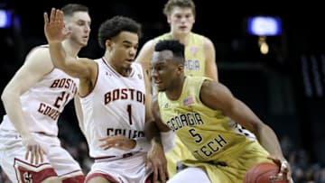 NEW YORK, NY - MARCH 06: Josh Okogie #5 of the Georgia Tech Yellow Jackets works against Jerome Robinson #1 of the Boston College Eagles in the first half during the first round of the ACC Men's Basketball Tournament at Barclays Center on March 6, 2018 in New York City. (Photo by Abbie Parr/Getty Images)