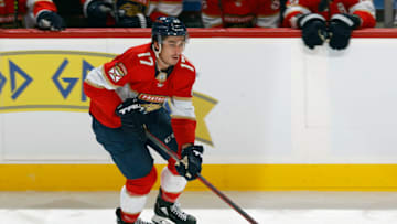 SUNRISE, FL - APRIL 23: Mason Marchment #17 of the Florida Panthers skates with the puck against the Toronto Maple Leafs at the FLA Live Arena on April 23, 2022 in Sunrise, Florida. (Photo by Joel Auerbach/Getty Images)