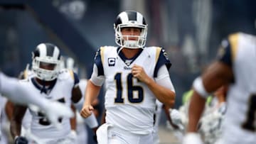 LOS ANGELES, CALIFORNIA - SEPTEMBER 15: Jared Goff #16 of the Los Angeles Rams enters the stadium prior to a game against the New Orleans Saints at Los Angeles Memorial Coliseum on September 15, 2019 in Los Angeles, California. (Photo by Sean M. Haffey/Getty Images)