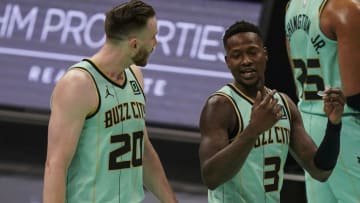 Charlotte Hornets Terry Rozier and Gordon Hayward. Mandatory Credit: Jim Dedmon-USA TODAY Sports