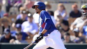 GLENDALE, ARIZONA - FEBRUARY 24: Mookie Betts #50 of the Los Angeles Dodgers bats against the Chicago White Sox on February 24, 2019 at Camelback Ranch in Glendale Arizona. (Photo by Ron Vesely/Getty Images)