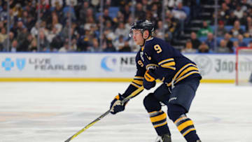 BUFFALO, NY - FEBRUARY 23: Jack Eichel #9 of the Buffalo Sabres looks to make a pass during the second period against the Winnipeg Jets at KeyBank Center on February 23, 2020 in Buffalo, New York. (Photo by Timothy T Ludwig/Getty Images)
