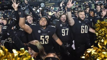 Nov 19, 2016; Nashville, TN, USA; Vanderbilt Commodores players celebrate after a win against the Mississippi Rebels at Vanderbilt Stadium. Vanderbilt won 38-17. Mandatory Credit: Christopher Hanewinckel-USA TODAY Sports