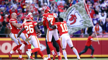 KANSAS CITY, MISSOURI - NOVEMBER 03: Kicker Harrison Butker #7 of the Kansas City Chiefs is swarmed by players after kicking the game-winning field goal as the Chiefs defeat the Minnesota Vikings 26-23 to win the game at Arrowhead Stadium on November 03, 2019 in Kansas City, Missouri. (Photo by Jamie Squire/Getty Images)