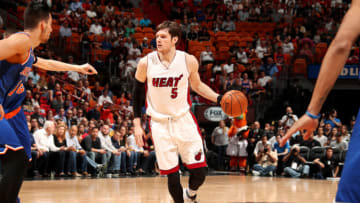 MIAMI, FL - MARCH 31: Luke Babbitt #5 of the Miami Heat handles the ball during the game against the New York Knicks. Copyright 2017 NBAE (Photo by Issac Baldizon/NBAE via Getty Images)